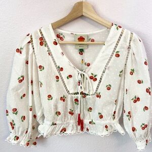 Farm Rio Mini Pitanga Tie Neck Blouse In White